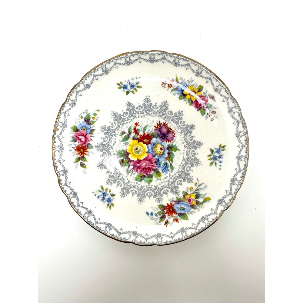 Shelley England Crochet 13302 Fine Bone China Saucer Vintage 1950s Floral Grey